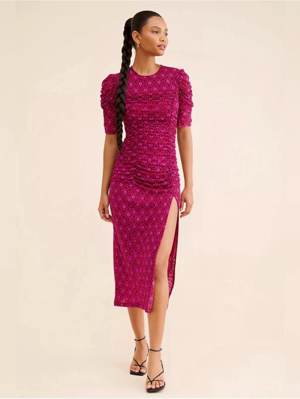 Free People Briella Floral Side Slit Dress Fuchsia Combo Large